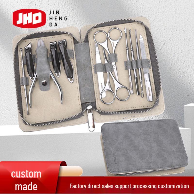 German Precision 12-Piece Stainless Steel Nail Clipper & Manicure Set - High-Quality Grey Glossy Finish