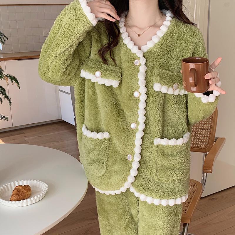 French Style Coral Velvet Pajamas Women's Autumn And Winter Cardigan Long Sleeved Flannel two-Piece Pajamas Suit