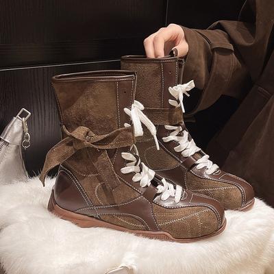 Ретро Ботильоны Новые Осенние Универсальные В Британском Стиле На Мягкой Подошве Из Нубука На Шнуровке