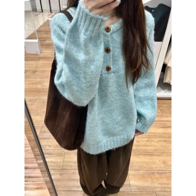 Half-open neck button sweater women's autumn and winter thickened warm large version meat cover long-sleeved age-reducing knitted bottoming top