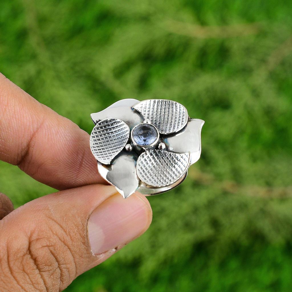 925 Silver Natural Tanzanite Quartz Statement Flower Adjustable Ring