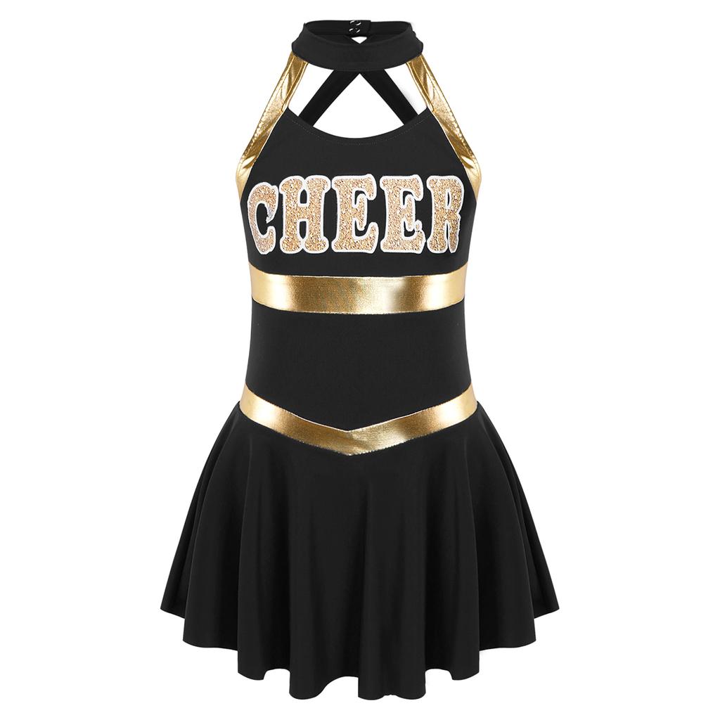 Girls Sleeveless Round Collar Letter Print Crisscross Straps Hollow Back Cheerleading Dance Dress
