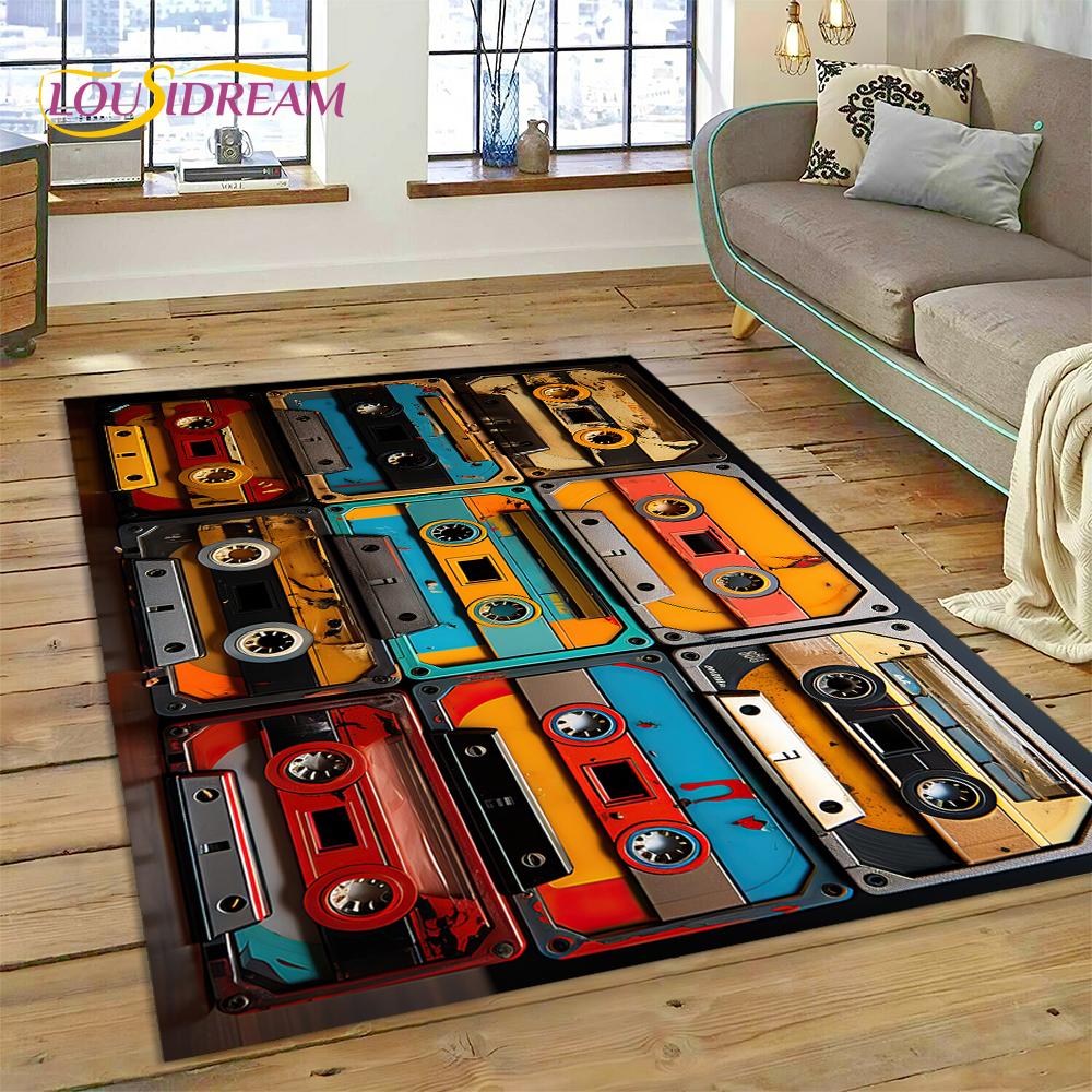 Retro Music Cassette Tape CD Design Area Rug–Non-Slip Carpet for Bedroom Living Room | Home Sofa Decor, Vintage Audio Floor Mat