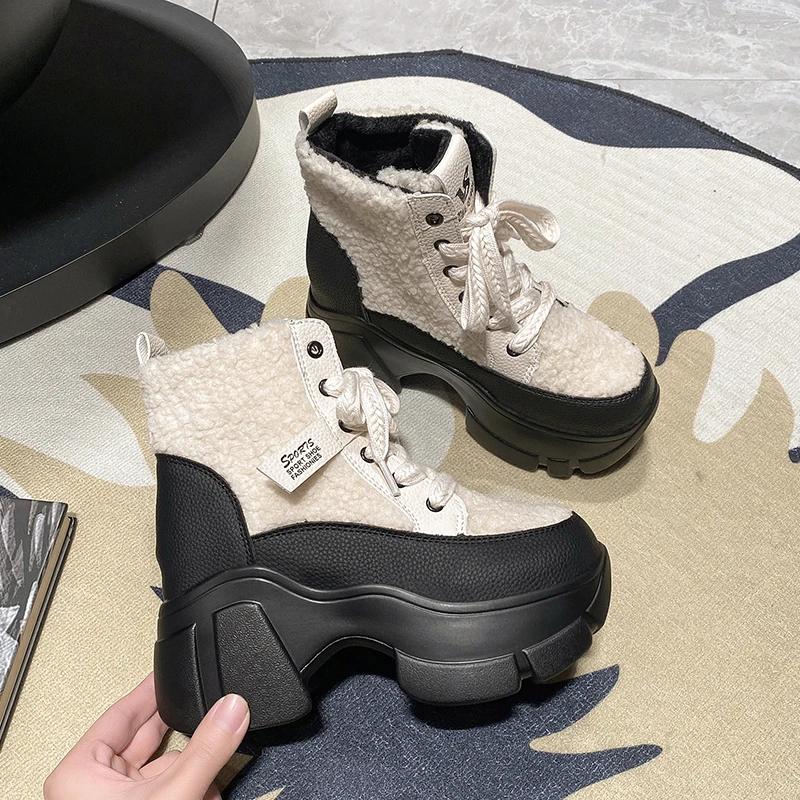 Ботинки на шнуровке с толстой подошвой и высоким каблуком из плюша и хлопка для женщин, зимние теплые, удобные, модные, увеличивающие рост, спортивная обувь