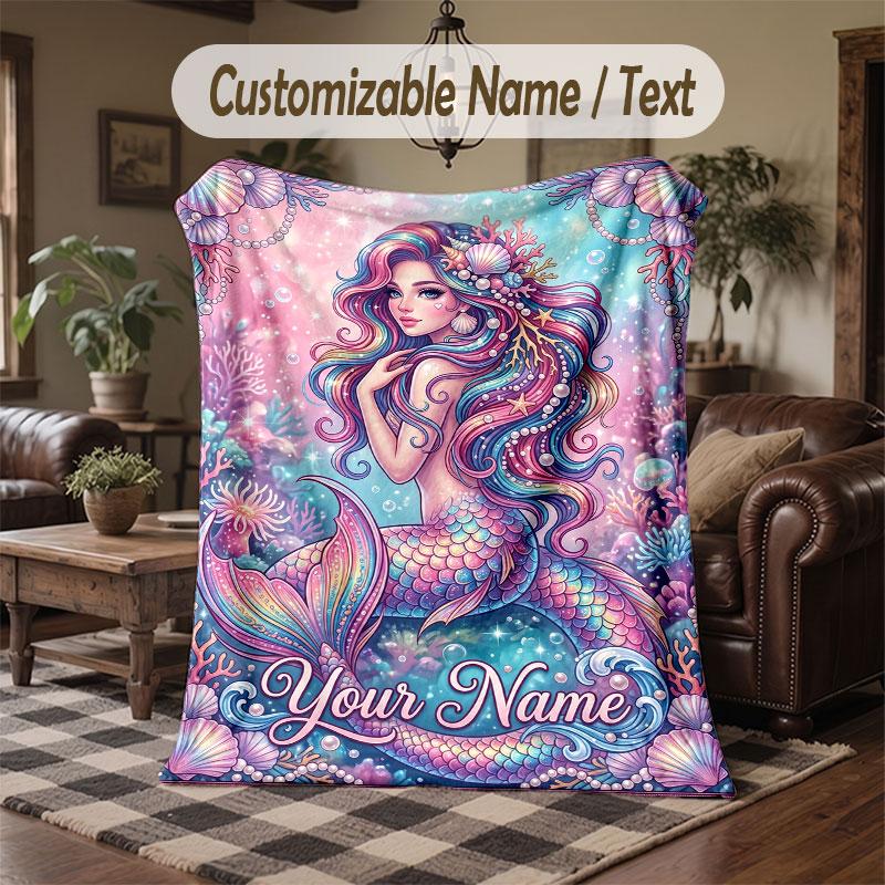 Mermaid Theme Throw Blanket Custom Name Text Personalized Blanket Soft Cozy Blanket for Home Sofa Bed