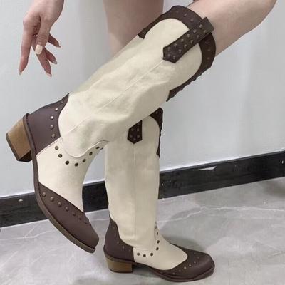 Женская обувь Высококачественные осенние женские сапоги в стиле вестерн длиной до колена, разноцветные туфли с острым носком и средним каблуком для женщин