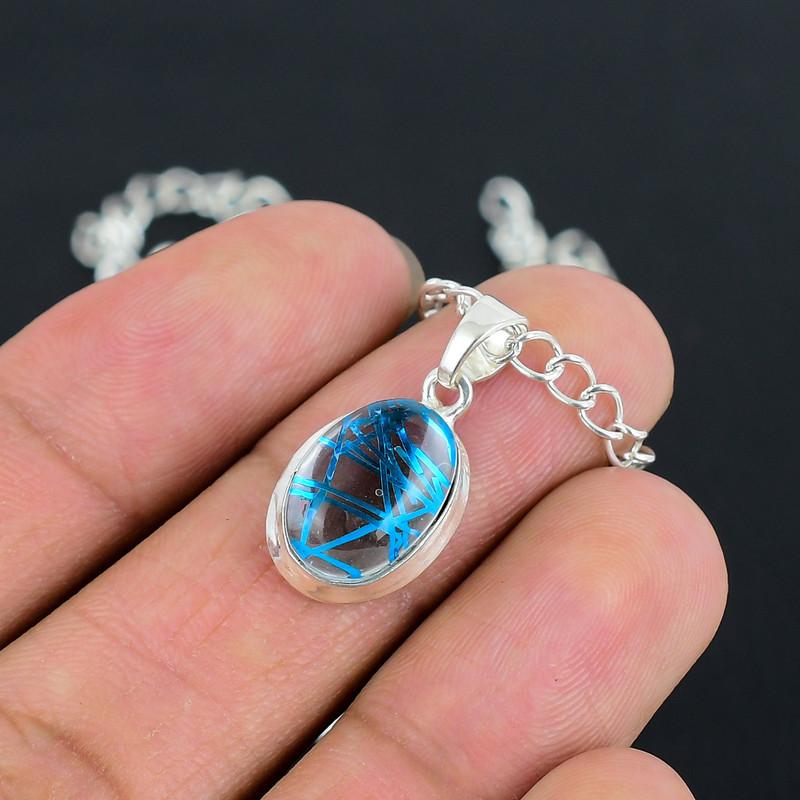 Синий рутил 10x14 Подвеска на цепочке с замком S Ручной работы Тонко полированная подвеска из стерлингового серебра 925 пробы с современным дизайном Подарок на свадьбу для невесты