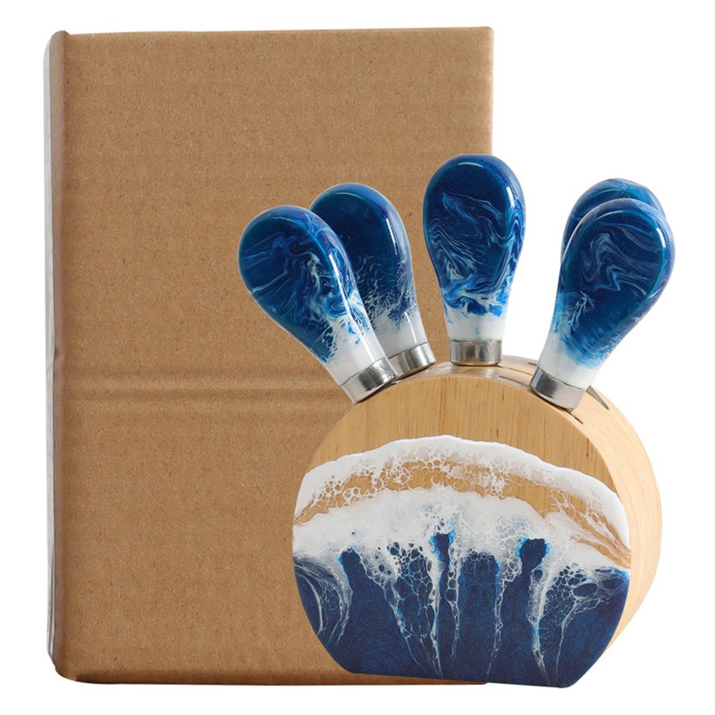Resin Oak Wood Cheese Knife Set with Round Wooden Stand Includes Four Cheese Knives with Ergonomic Handles Suitable for Cutting and Serving Cheese