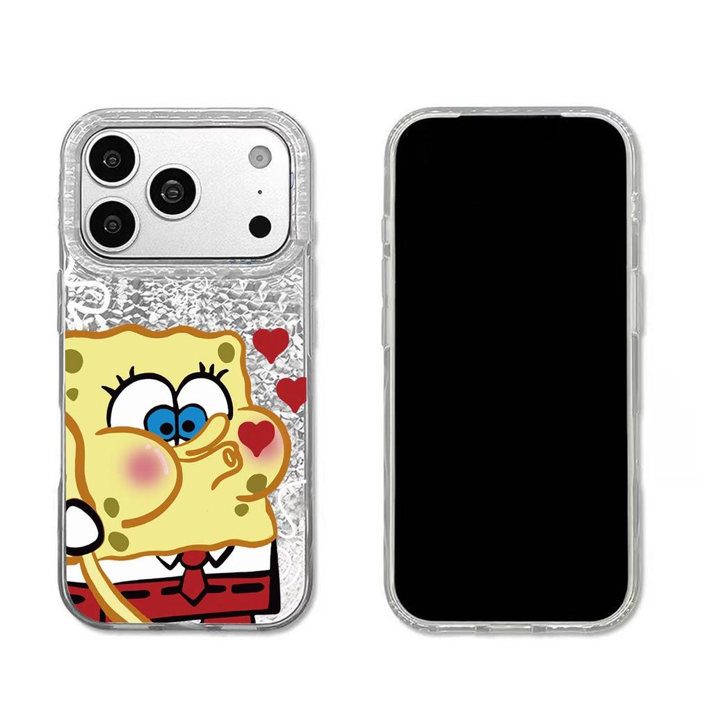 Чехол Губка Боб и Дом-Ананас для iphone 18 Pro Max 16 Plus 15 17 Pro 14 XS Max 12 13 XR Air 11 Серебристый Блеск Трескающийся Фон