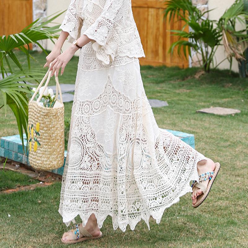 Dimanaf 2025 Новая праздничная юбка женская вязаная кружевная длинная однотонная ажурная летняя модель свободного базового платья