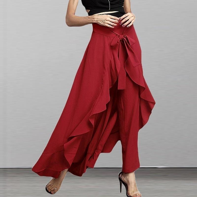 Модные женские шифоновые брюки с завязками на талии, длинные брюки чистого цвета, женские широкие свободные брюки с юбкой