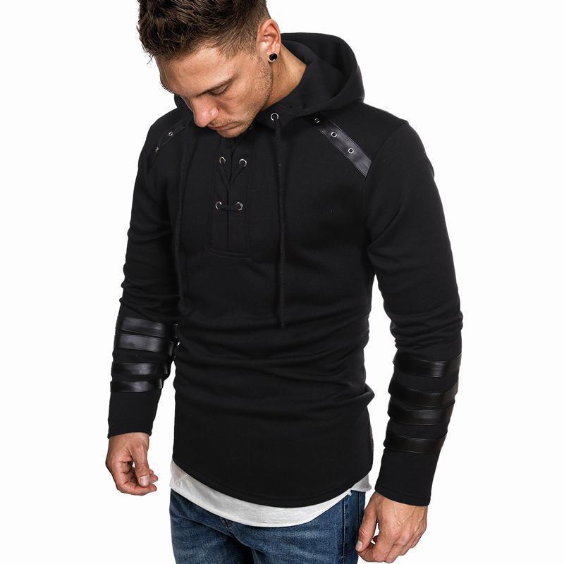 2025 Autumn and Winter Hooded Men's Leather Casual Personality Fashionable Sweatshirt Splicing Jacket Casual Versatile Pullover