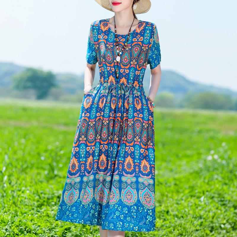 Женское длинное платье больших размеров, летнее платье с коротким рукавом и винтажным принтом для женщин