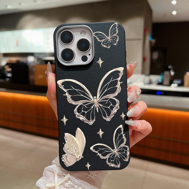 Чехол из ТПУ с рисунком бабочки и текстурой из кожи для iPhone 16 Pro Max 15 14 Pro 13 12 11, мягкий, ударопрочный, тонкий чехол для телефона