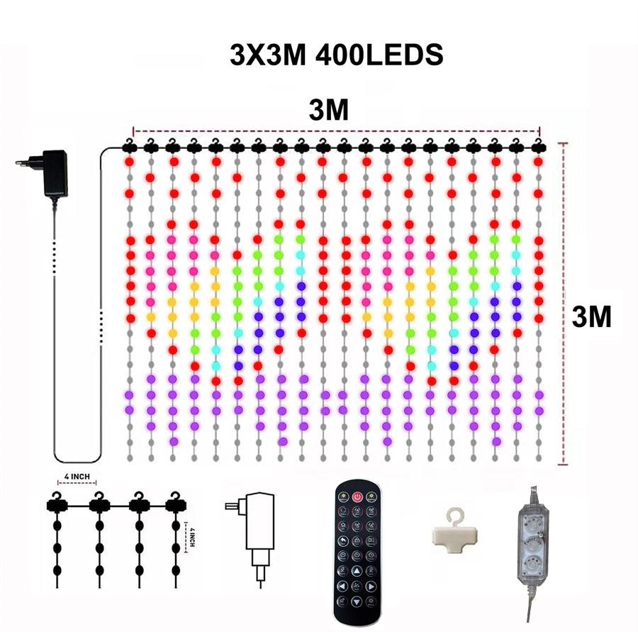 Умные шторные огни с приложением 3X3M 400 светодиодных шторных огней с пультом дистанционного управления, отображение изображений, сделай сам шторный свет для декора на Хэллоуин и Рождество