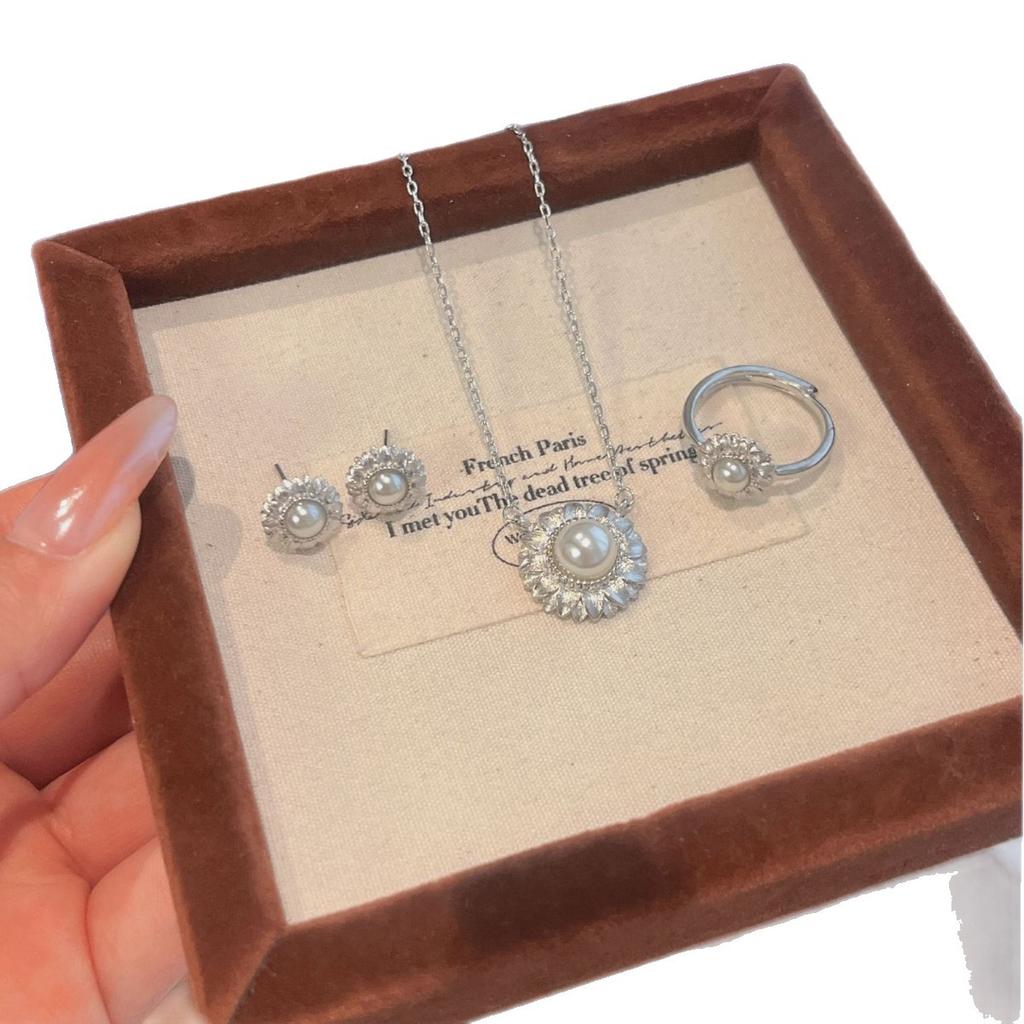 Винтажное бархатное жемчужное ожерелье с подсолнухом, серьги-пусеты, средний, антикварный, легкая роскошь, набор высокого класса