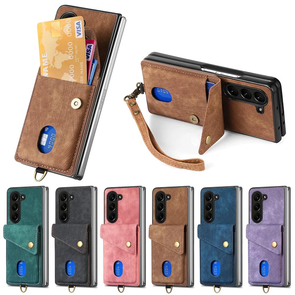 Чехол-кошелек с ремешком на запястье для Samsung Z Fold 6 5 4 S24 Ultra S23 FE S22 Plus A16 A15 A25 A35 A55, держатель для карт, противоударный защитный чехол из искусственной кожи