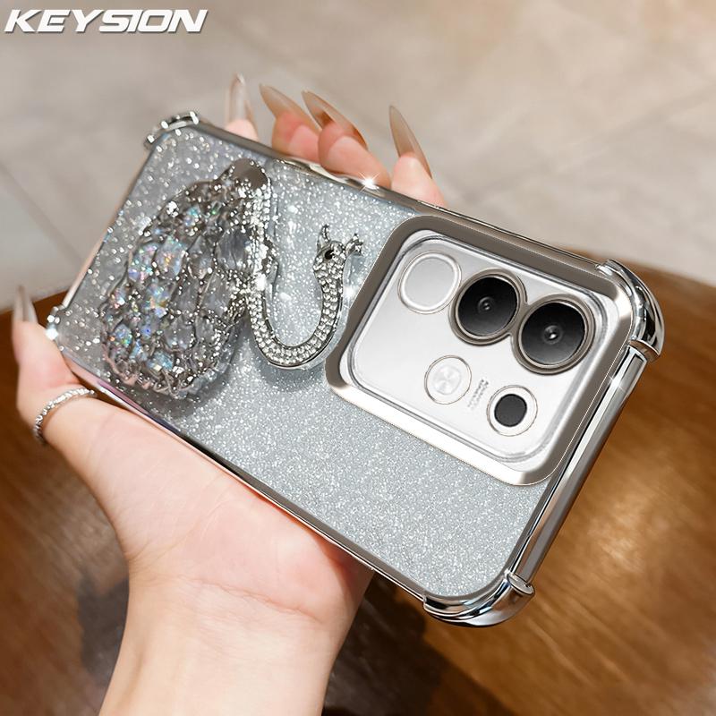 KEYSION Противоударный чехол с гальваническим покрытием для VIVO Y29 4G Прозрачный Мягкий ТПУ Блестящий Чехол-подставка в виде лебедя с драгоценными камнями Задняя крышка для IQOO Z10X 5G