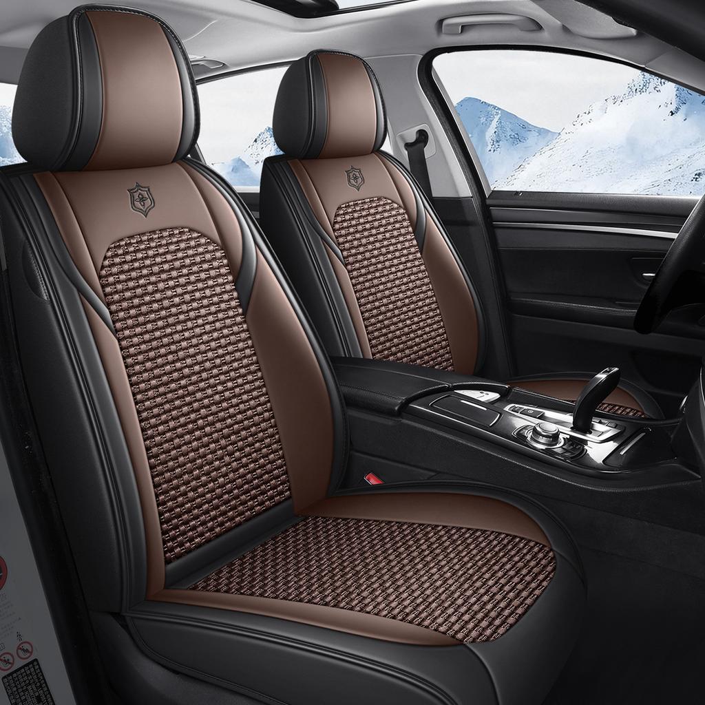 Премиальные 5-местные чехлы на сиденья автомобиля из ПУ-кожи и ткани «Ледяной шелк», полное покрытие, раздельные подголовники, нескользящие, прочные, универсальные, подходят для 95% автомобилей