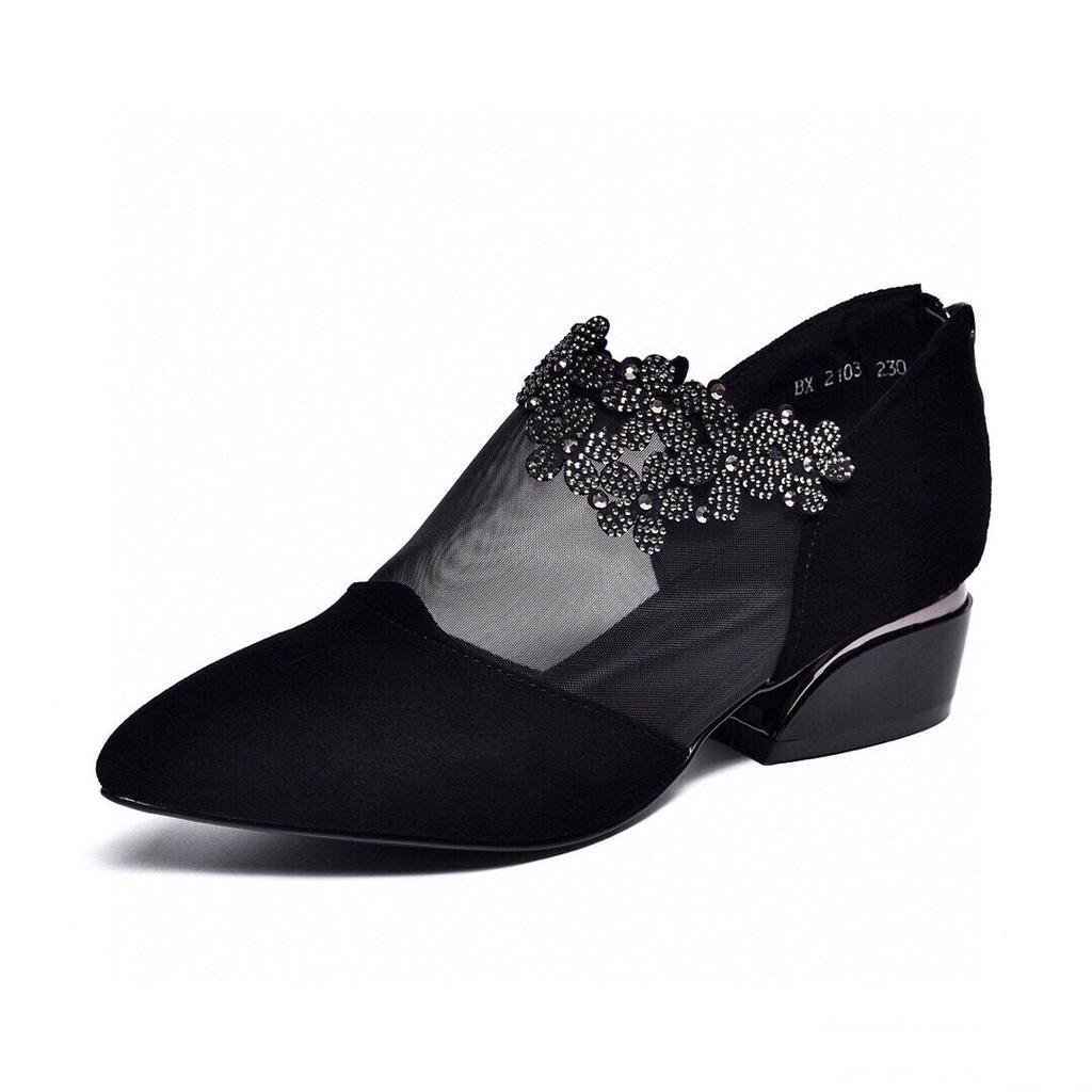 Spring New Pointed Mesh Sheepskin Rhinestone Single Shoes Black Low Heel Rear Zipper Breathable Women's Shoes