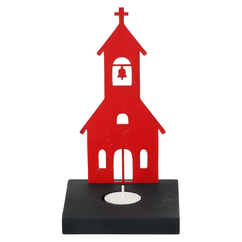 Merry Christmas Charming Church Decorative Tea Light Candle Holder (Wooden Red)| Christmas Decoration Items for Home Living Room Office