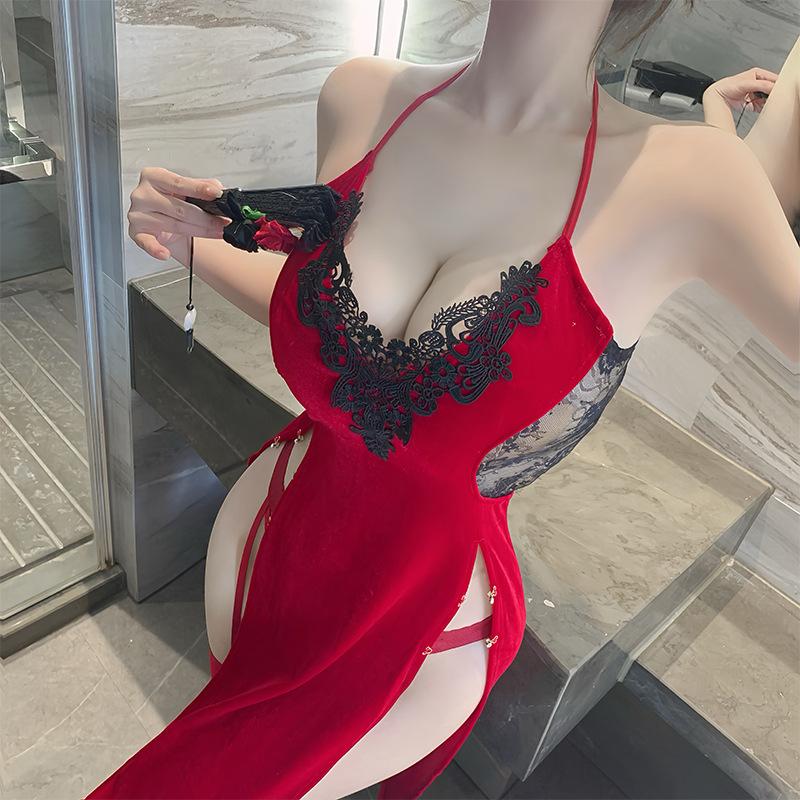 Sexy free pure desire neck sex underwear antique uniform cheongsam long skirt backless pajamas set