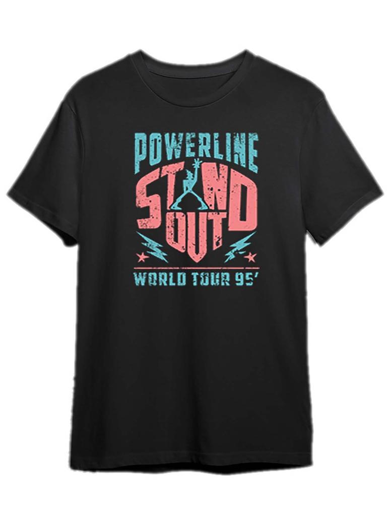 Mens Distressed Graphic Cotton TShirt POWERLINE STAND OUT Design Black Short Sleeve Round Neck