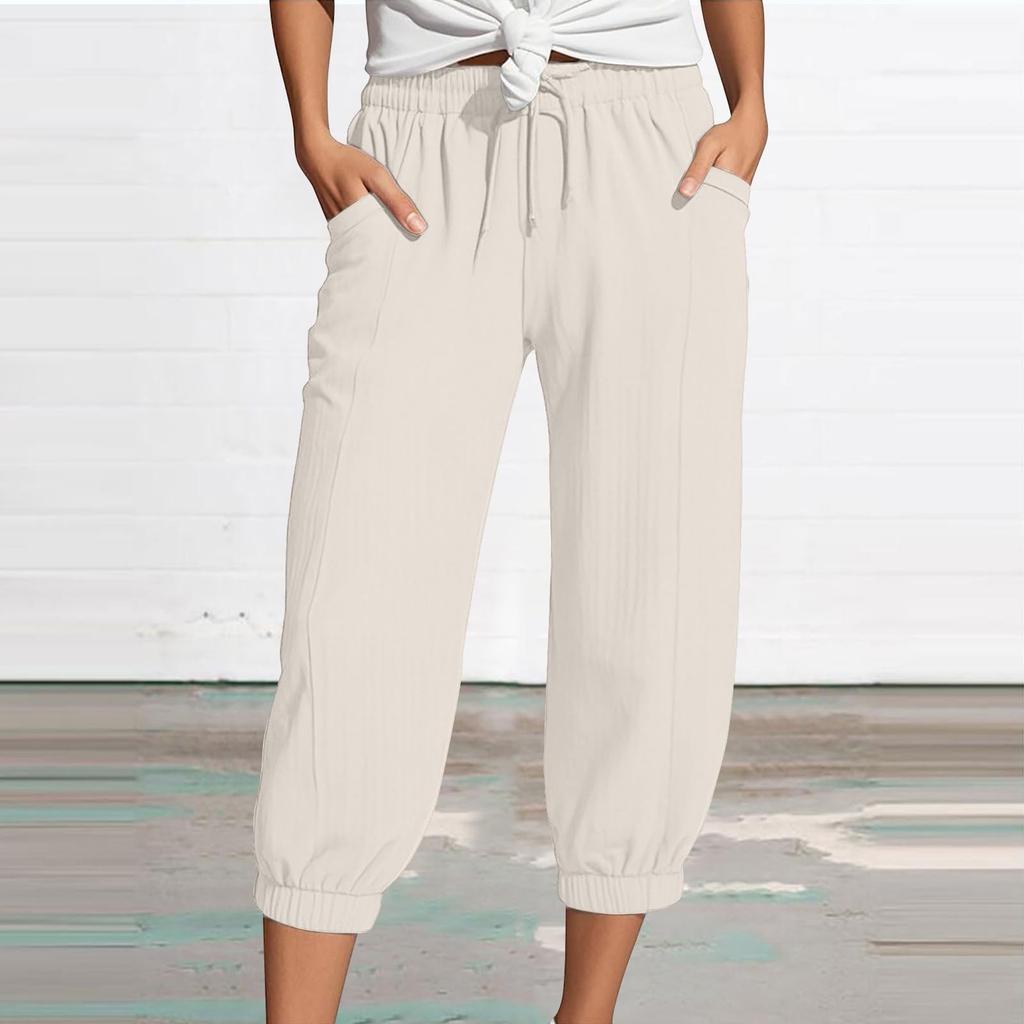 Women's Summer 3/4 Trousers Summer Trousers With Pockets Causal Loose Trousers Fabric Trousers Sport Leisure Beach Trousers