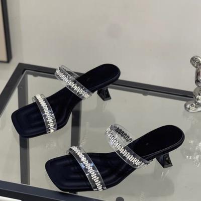 Новые стразы Крутые Драг Женские Летние Новые Уличные Квадратный Носок Прозрачный Ремень Тонкий Каблук Темперамент Шлепанцы