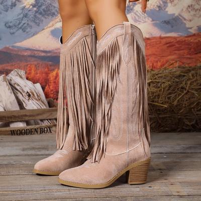 Вышитые сапоги-ботфорты на высоком каблуке с острым носком и кисточками, женские 2025, зимние, новый этнический стиль, сапоги-рыцари на толстом каблуке