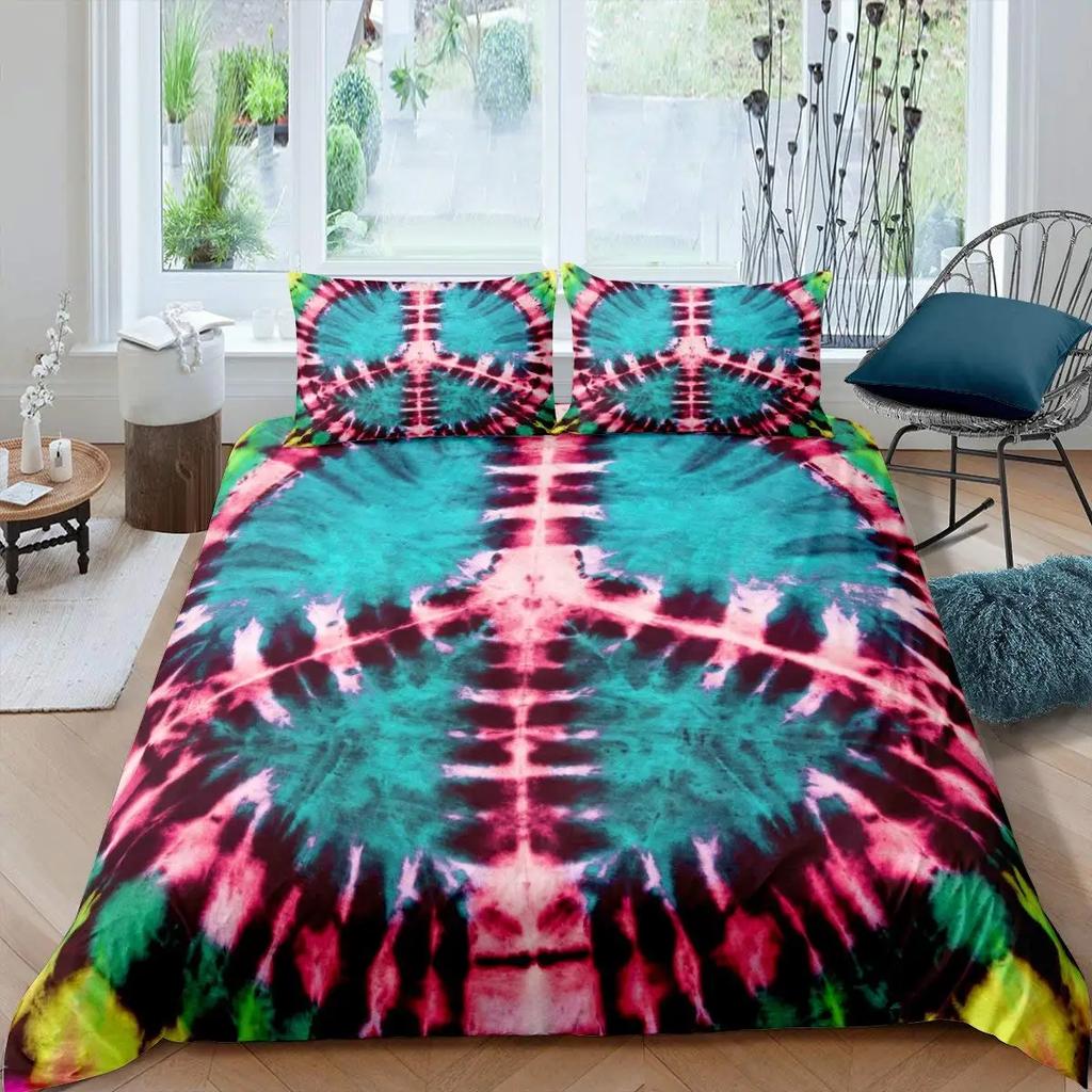 Boho Hippie Psychedelic Flowers Duvet Cover Colorful Peace Sign Bedding for Boys Girls Women Bedroom Decorative Rainbow Tie Dye