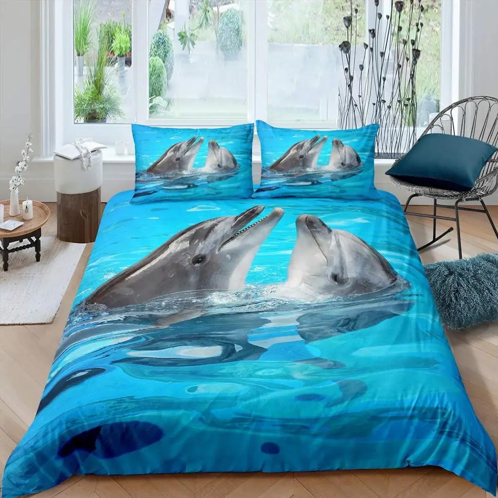 3D дельфин в синем море Queen King Size комплекты постельного белья Animal Single Quilt Duvet Cover Set Детская кровать для взрослых Полиэстеровое постельное белье