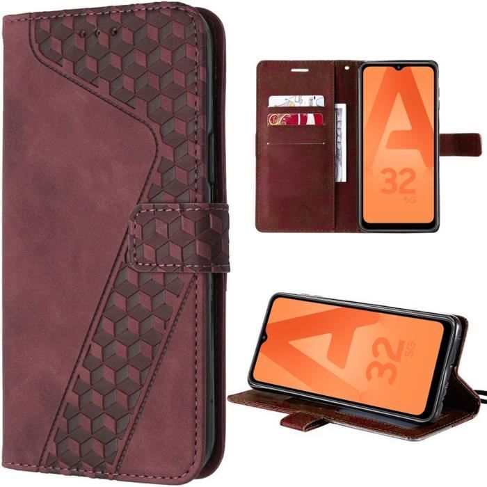 Coque de protection - BOOLING - pour Samsung Galaxy A32 5G - Cuir PU embossé - Rouge - Support intégré