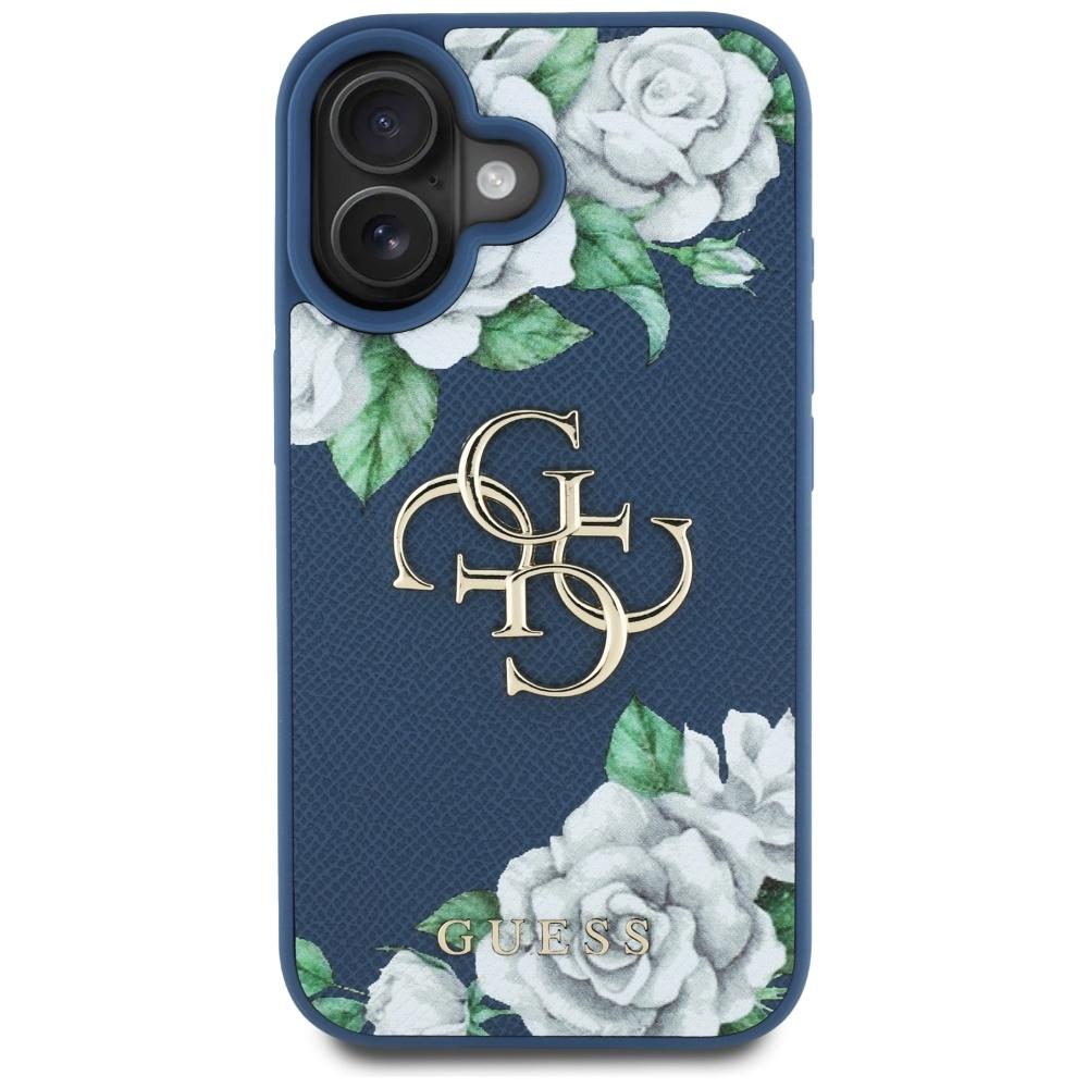 Guess Grained Roses Big 4G logo case for iPhone 16 blue