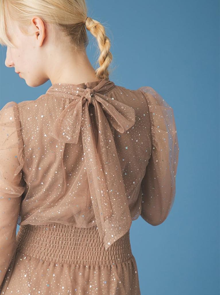 Long Sleeve Lame Tulle Dress RWFO269006BRW00