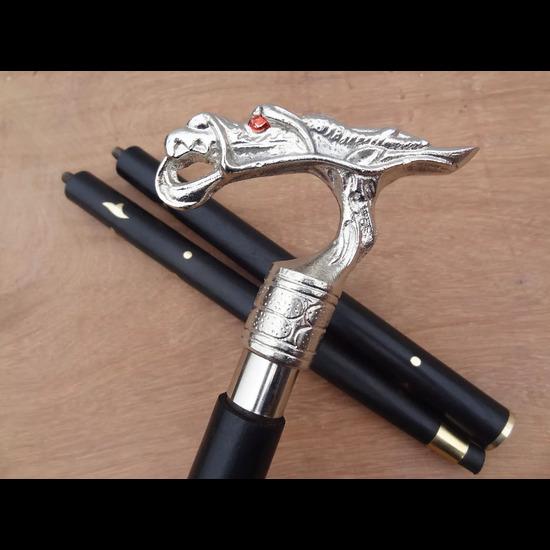 Vintage Alumunium Dragon Head Handle Walking Stick Wooden Designer Brown Cane