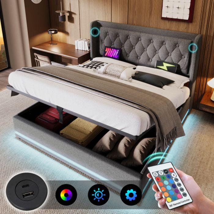 Lit capitonné - MUVOE - 160x200 cm - Gris - Rangement hydraulique - Ports USB intégrés