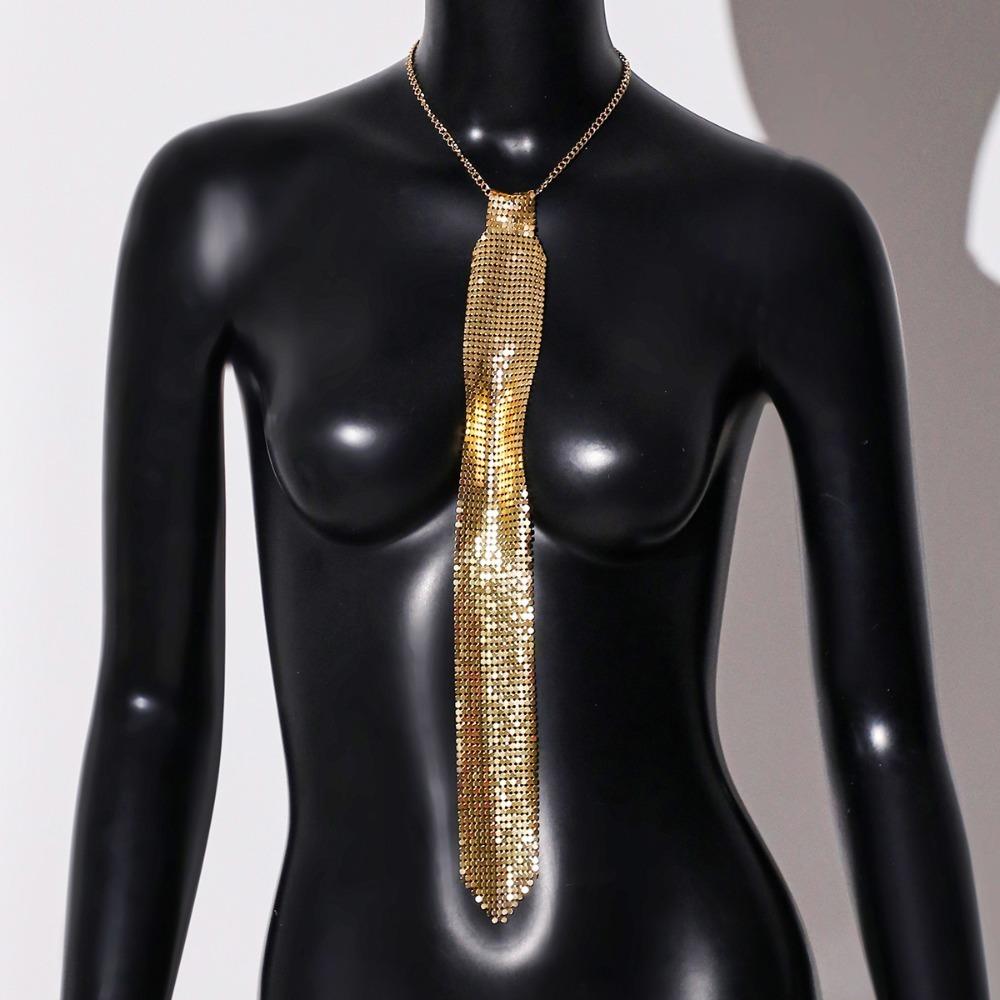 Fashion Narrow Crystal Rhinestone Neck Tie Adjustable Necklace Metal Sequin Necktie Soft Gold Glitter Cravat Suit Accessories