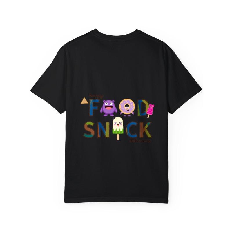 Cotton T Shirt White Happy Food Snack Delicious Cartoon Characters and Text Design for Casual Wear