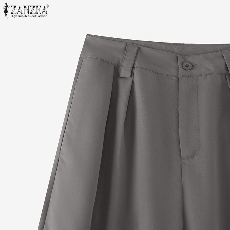 ZANZEA Women Summer Elastic Waist Solid Color Pleated Wide Leg Pants