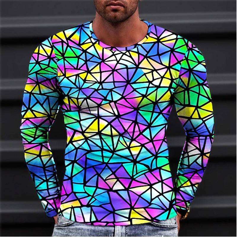 Spring and Autumn Round Neck 3D Colorful Geometric Pattern Printed Top Fashionable Casual Optical Illusion Long Sleeved Men's T-shirts