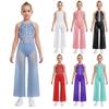 Girls Wide Leg Dance Jumpsuit Sleeveless Keyhole Back Side Splits Shimmery Rhinestones Bodysuit Built In Briefs