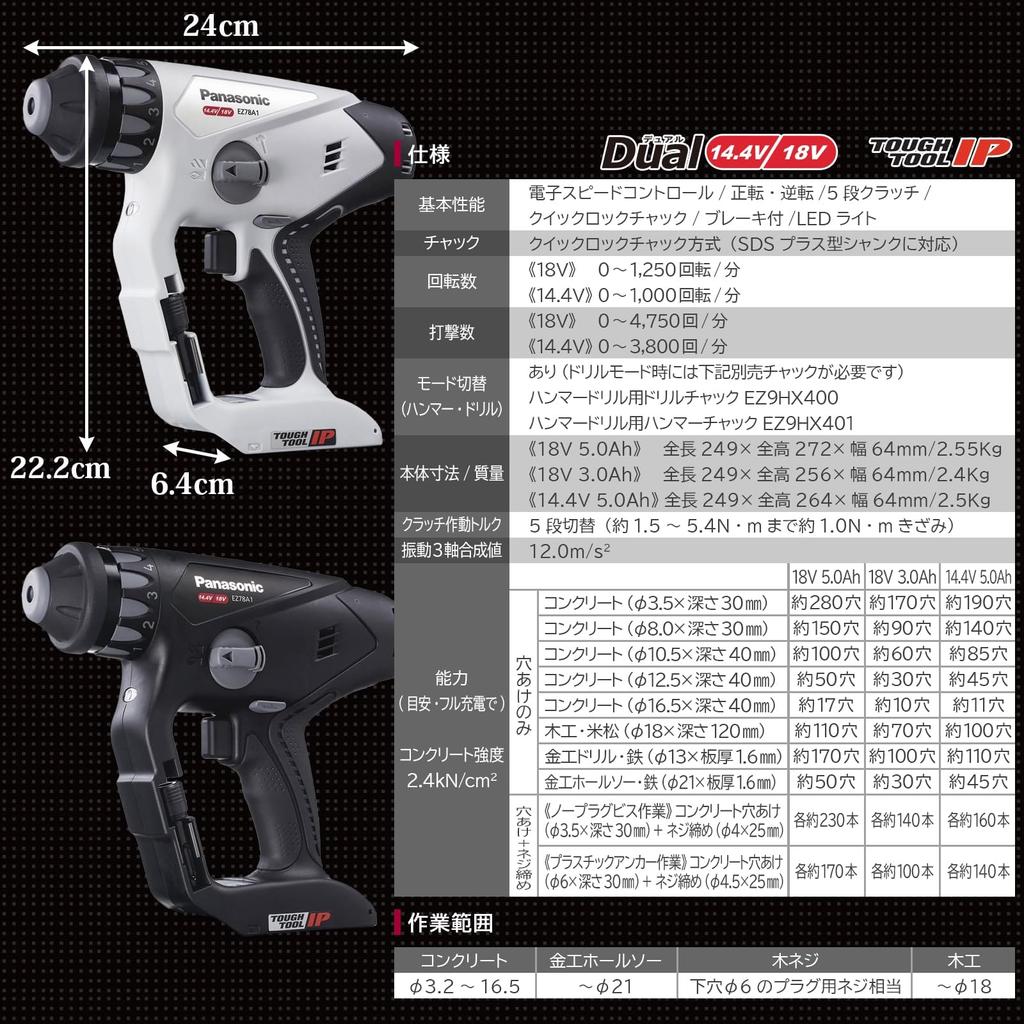 Аккумуляторная дрель-перфоратор Panasonic Multi Hammer, основной блок, только стакан для сбора, продается с функцией двойного привода, оснащена защитой IP56, черного цвета (аккумулятор