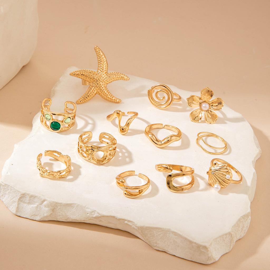 European and American Jewelry Fashion Irregular Alloy Cut-out Winding Imitation Pearl Flower Layering Ring Set for Women