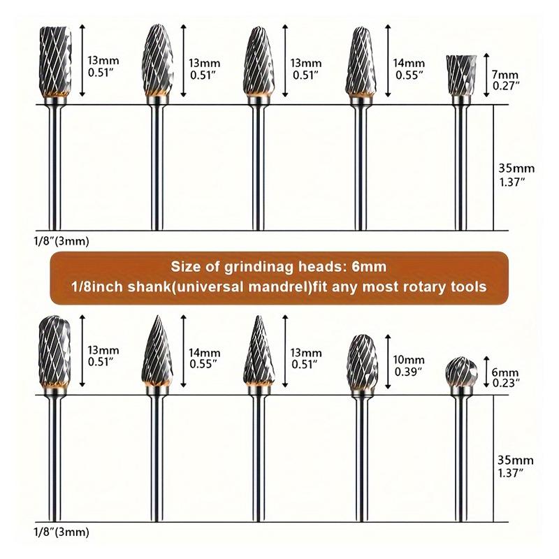 Набор из 10 бит из вольфрамовой стали для снятия заусенцев - фрезерные головки с двойной насечкой, универсальные для дерева, металла, камня, полировки, резьбы и гравировки