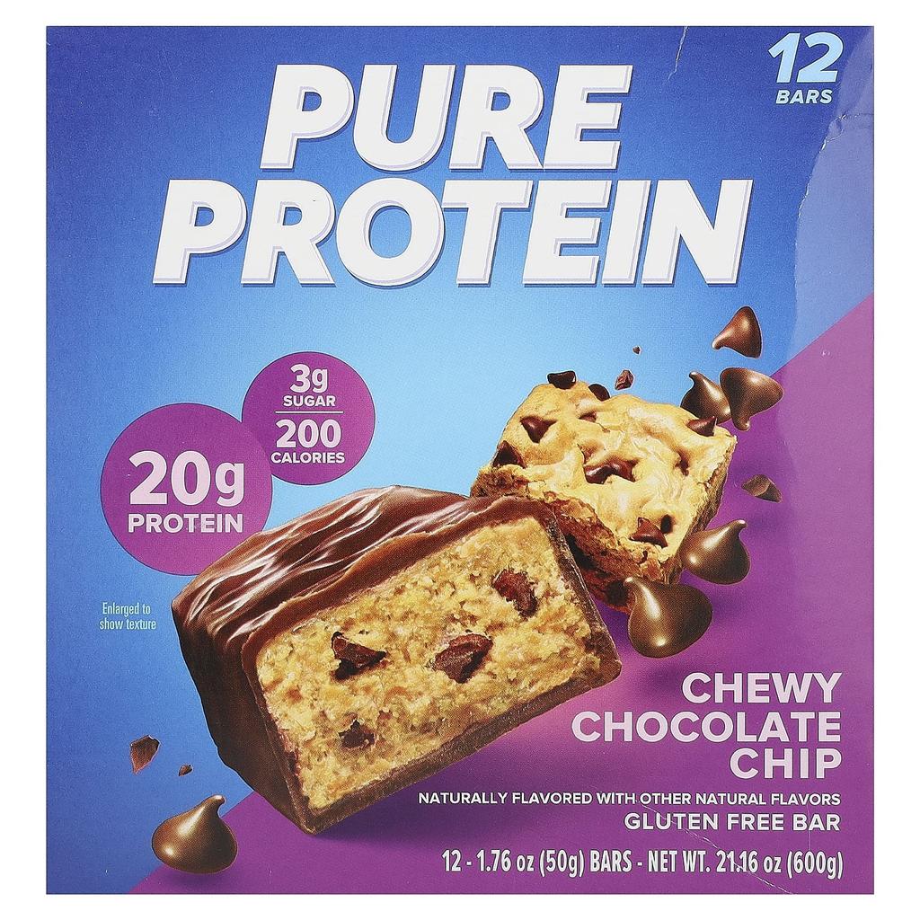 Pure Protein, безглютеновые батончики, жевательные шоколадные крошки, 12 батончиков, 1,76 унции (50 г) Каждый