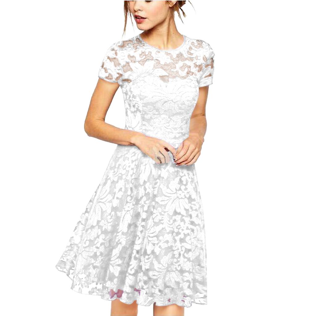 Женское модное платье с круглым вырезом, короткими рукавами и кружевной отделкой