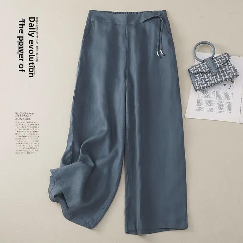 Новые женские брюки с высокой талией в стиле ретро из хлопка и льна с широкими штанинами на весну/лето