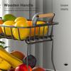 2 Tier Fruit Storage Basket Kitchen Countertop Organizer with Wooden Handle Mesh Carbon Steel Bowl for Bread Vegetable