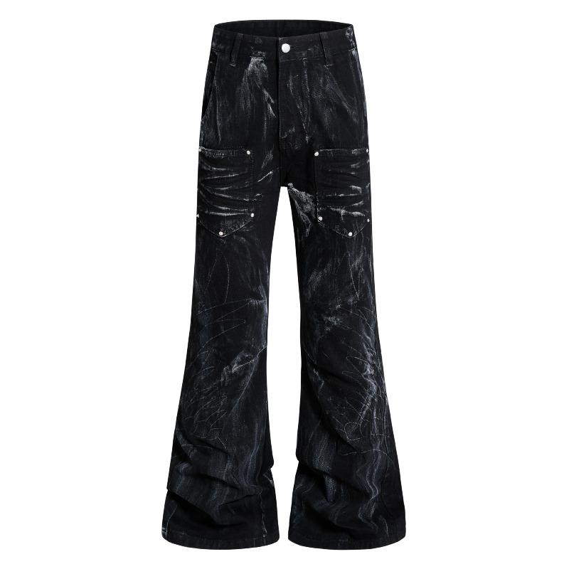 Light Asian wind spray painting dirty dye embroidery angel wings jeans men and women dark wind old rivet design trousers men